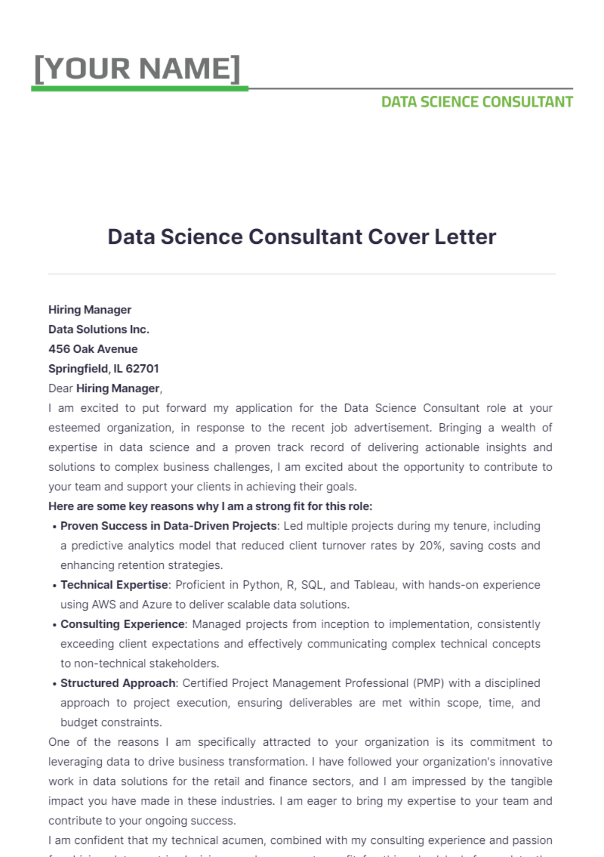 Data Science Consultant Cover Letter - Edit Online & Download