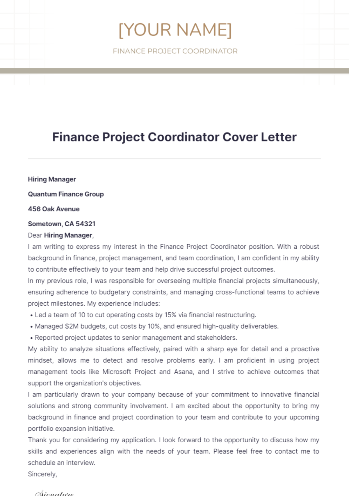 Finance Project Coordinator Cover Letter - Edit Online & Download