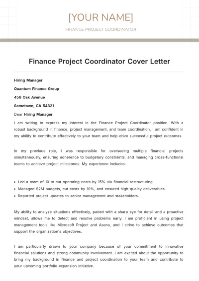 Free Finance Project Coordinator Cover Letter to Edit Online