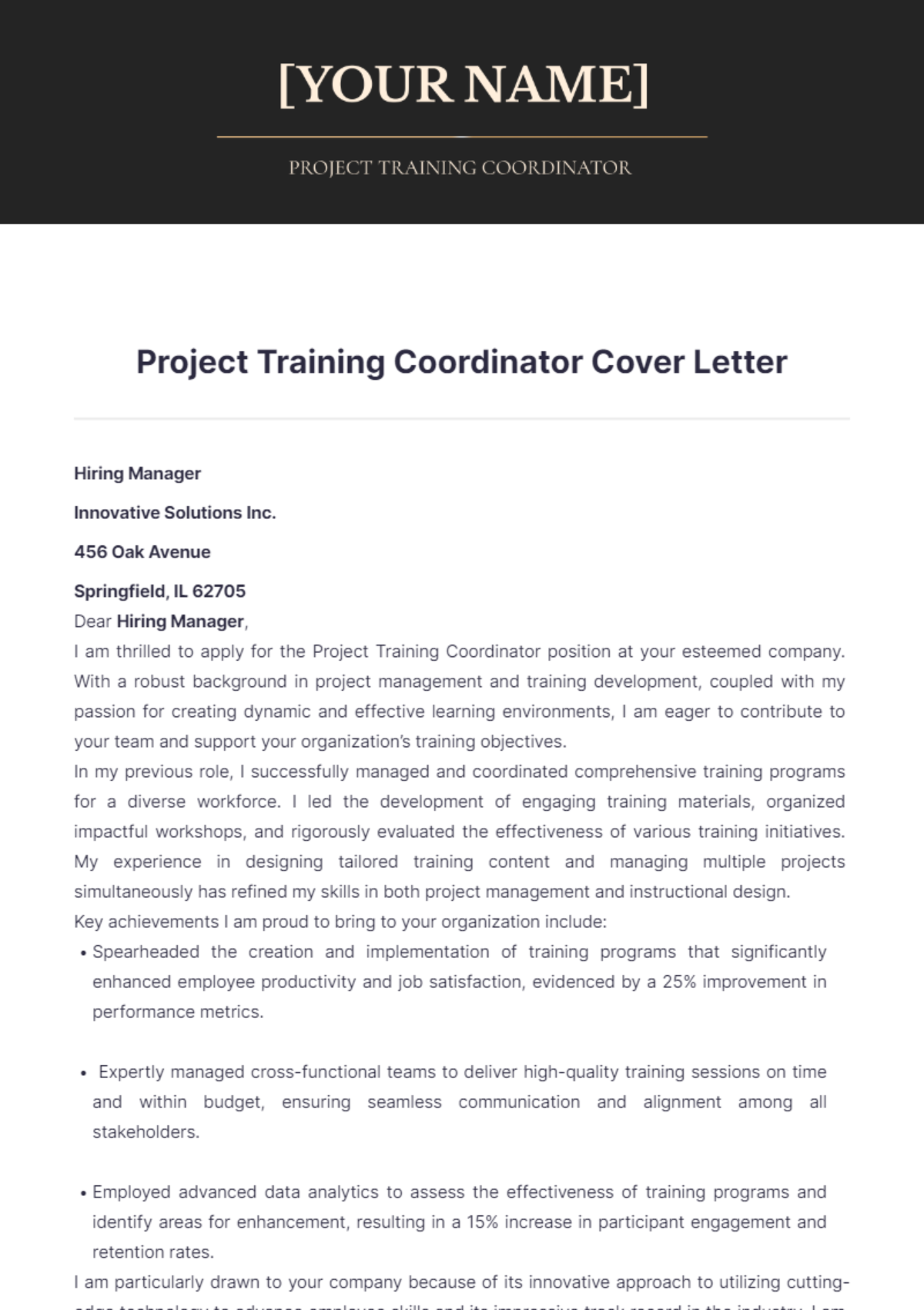 training coordinator cover letter