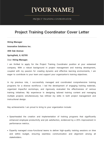 Free Project Training Coordinator Cover Letter to Edit Online