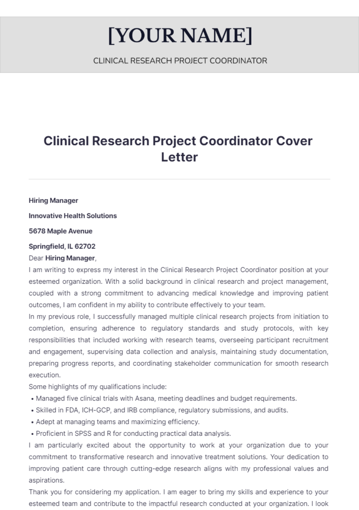 Clinical Research Project Coordinator Cover Letter - Edit Online & Download