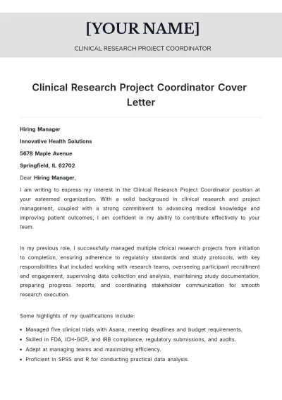 Free Clinical Research Project Coordinator Cover Letter to Edit Online