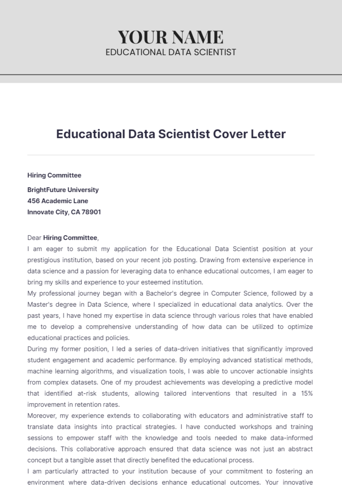 Educational Data Scientist Cover Letter - Edit Online & Download