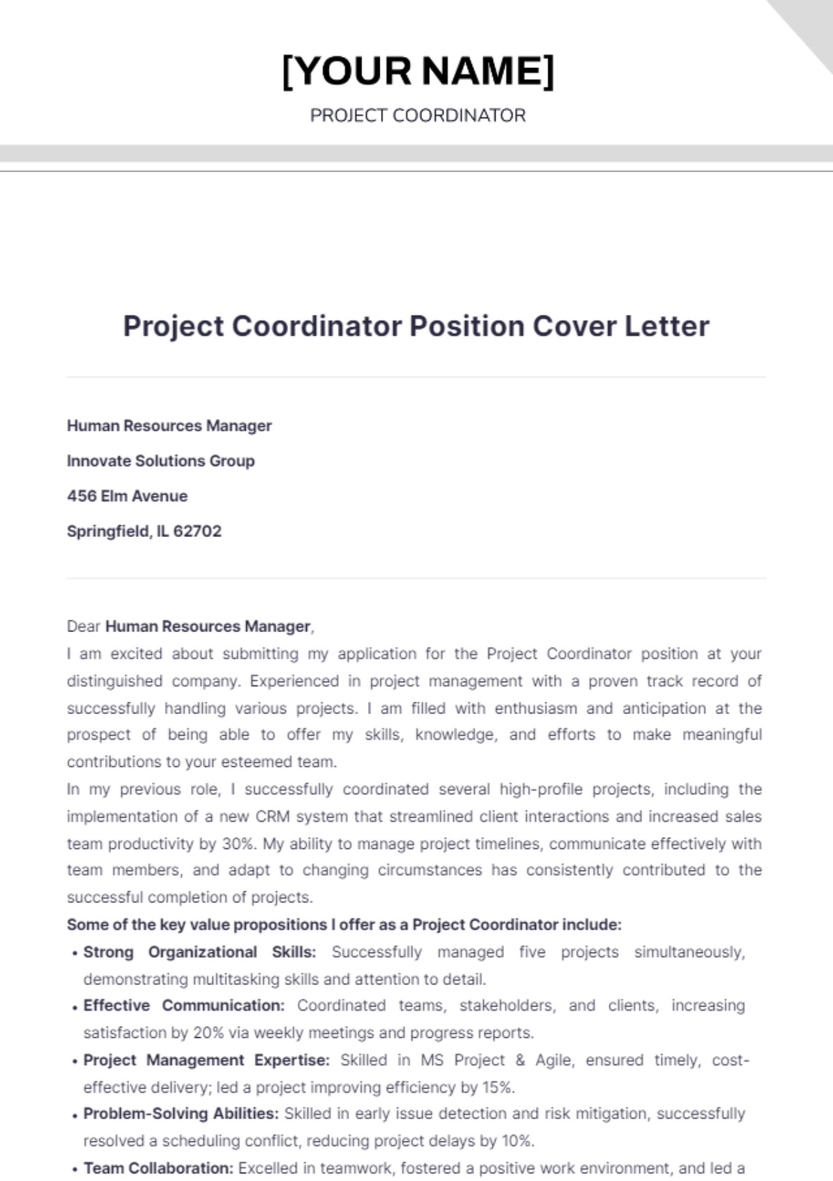 Project Coordinator Position Cover Letter - Edit Online & Download