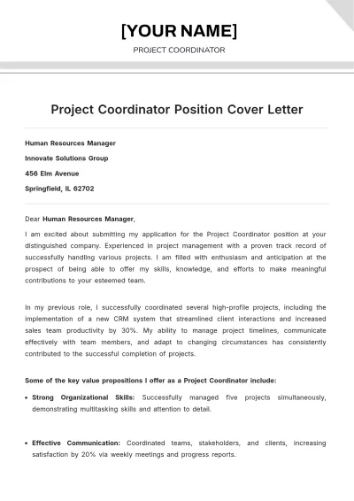 Free Project Coordinator Position Cover Letter to Edit Online
