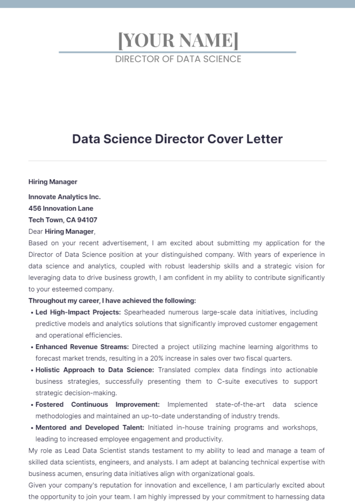 Data Science Director Cover Letter - Edit Online & Download