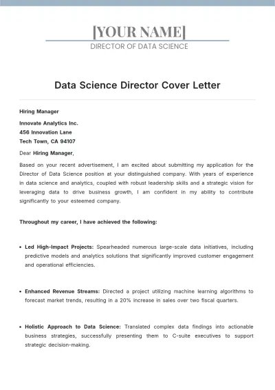 Free Data Science Director Cover Letter to Edit Online