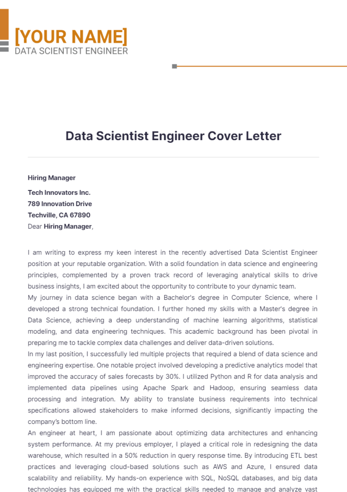 Data Scientist Engineer Cover Letter - Edit Online & Download