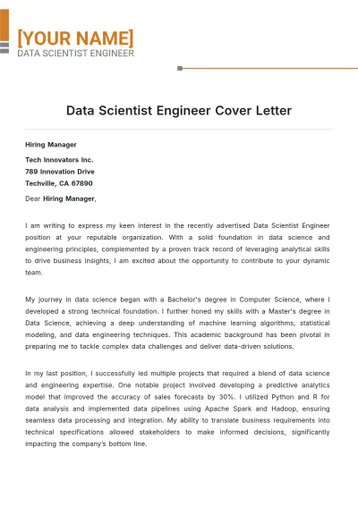 Free Data Scientist Engineer Cover Letter to Edit Online