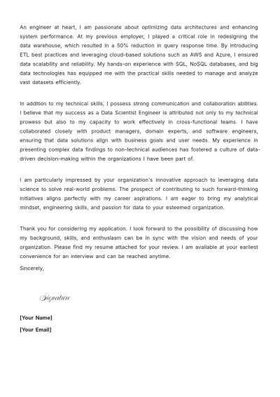 Free Data Scientist Engineer Cover Letter to Edit Online