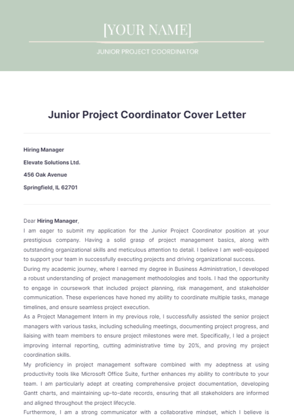 cover letter for junior project managers