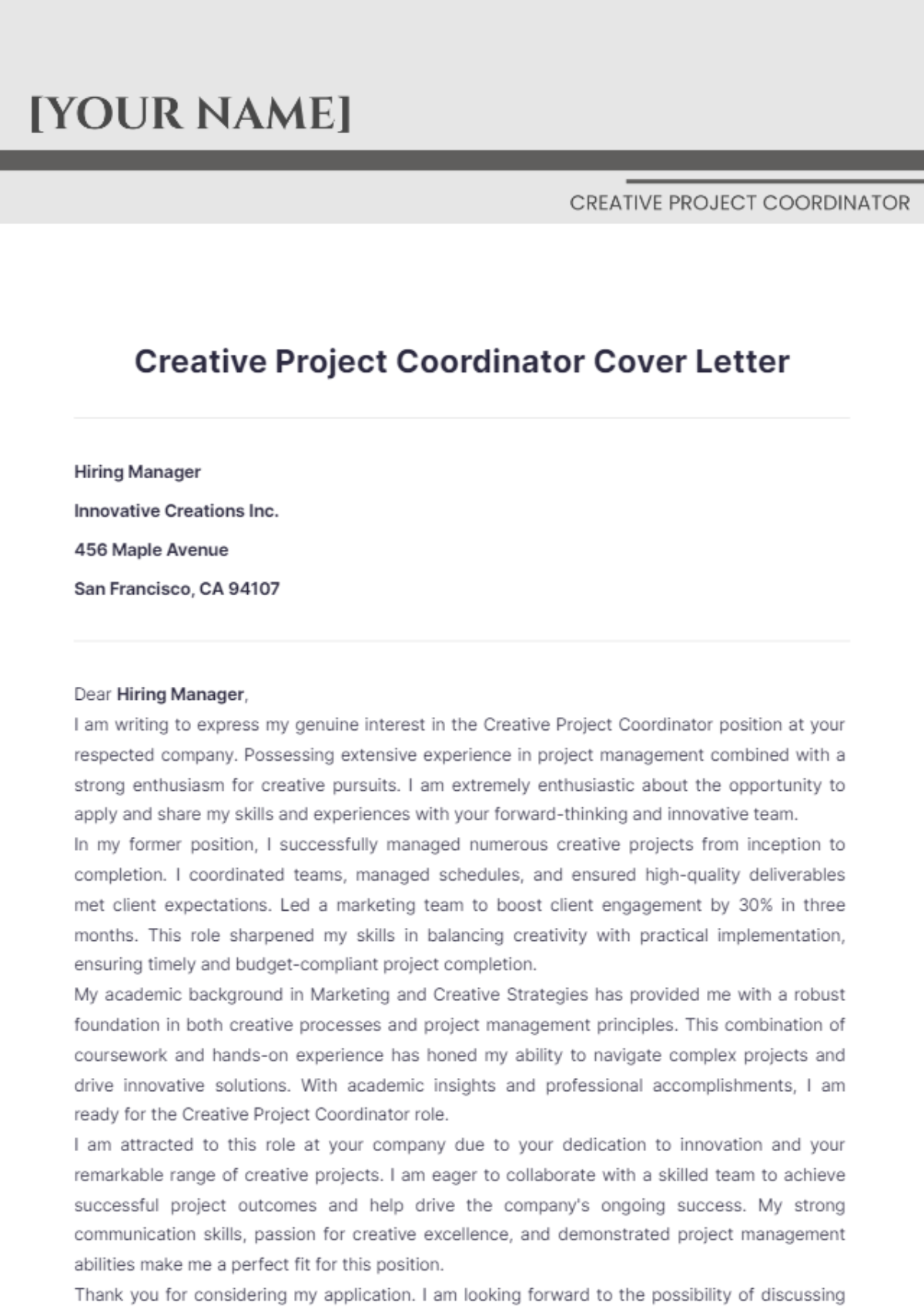 Creative Project Coordinator Cover Letter - Edit Online & Download