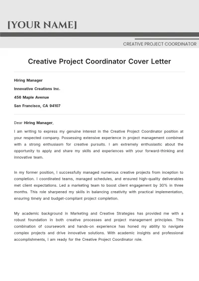 Free Creative Project Coordinator Cover Letter to Edit Online