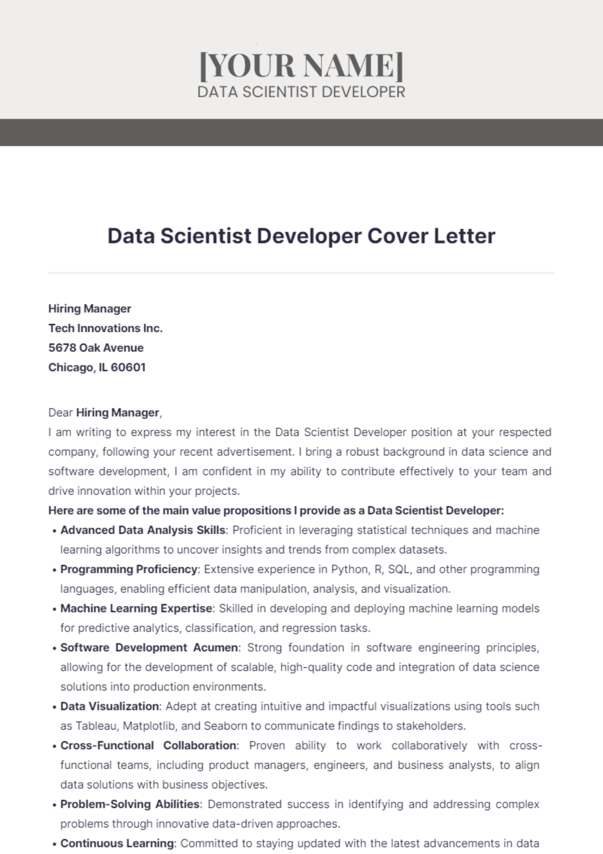 Data Scientist Developer Cover Letter - Edit Online & Download