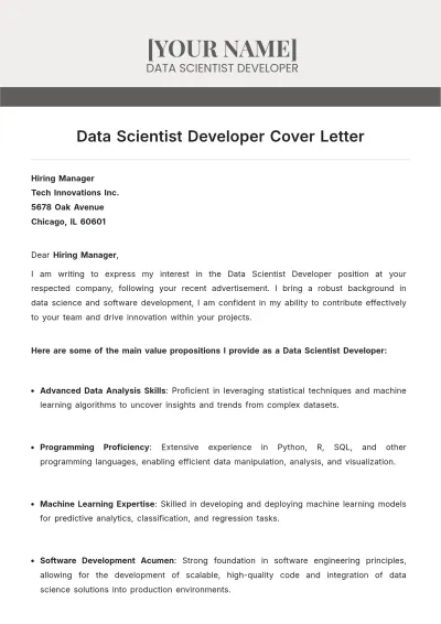 Free Data Scientist Developer Cover Letter to Edit Online