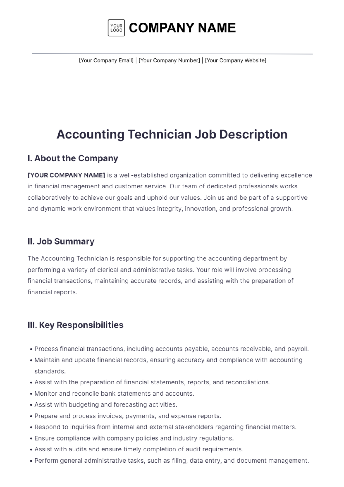 Accounting Technician Job Description Template - Edit Online & Download