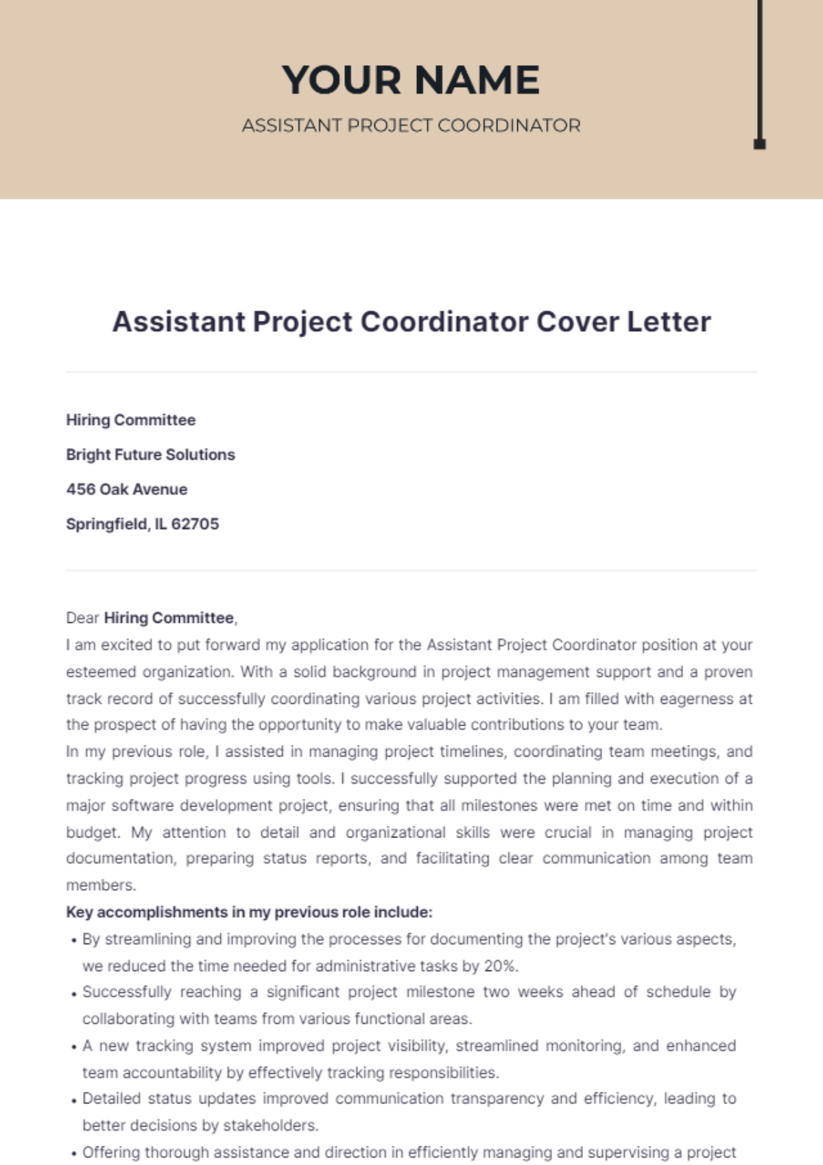 Assistant Project Coordinator Cover Letter - Edit Online & Download