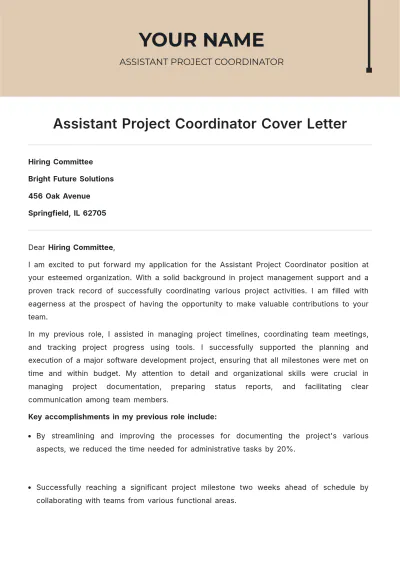 Free Assistant Project Coordinator Cover Letter to Edit Online