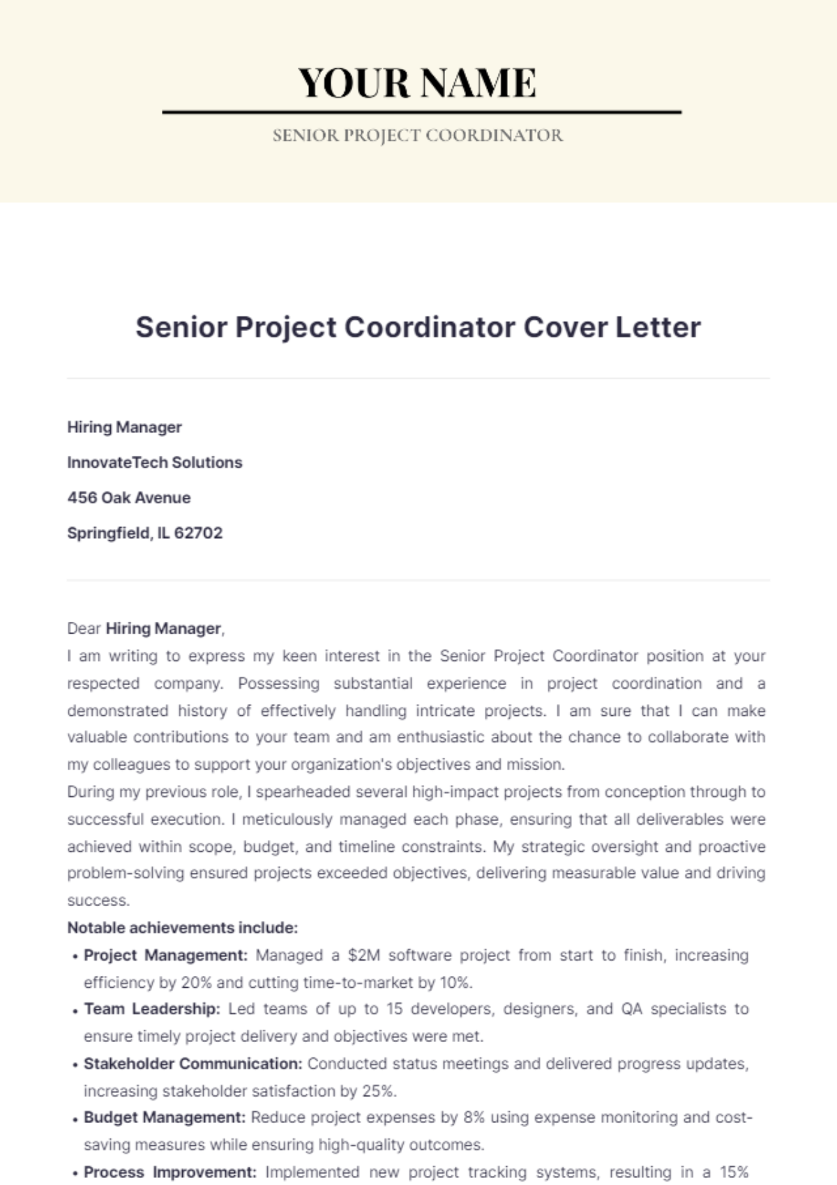 Senior Project Coordinator Cover Letter - Edit Online & Download