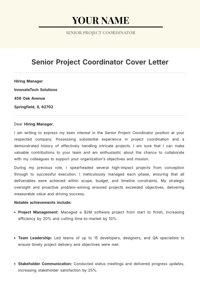 Free Senior Project Coordinator Cover Letter to Edit Online