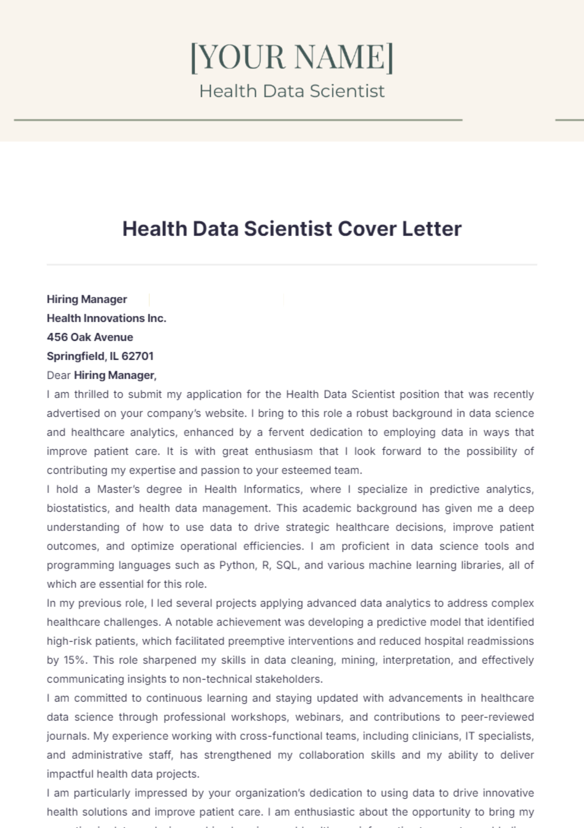 Health Data Scientist Cover Letter - Edit Online & Download