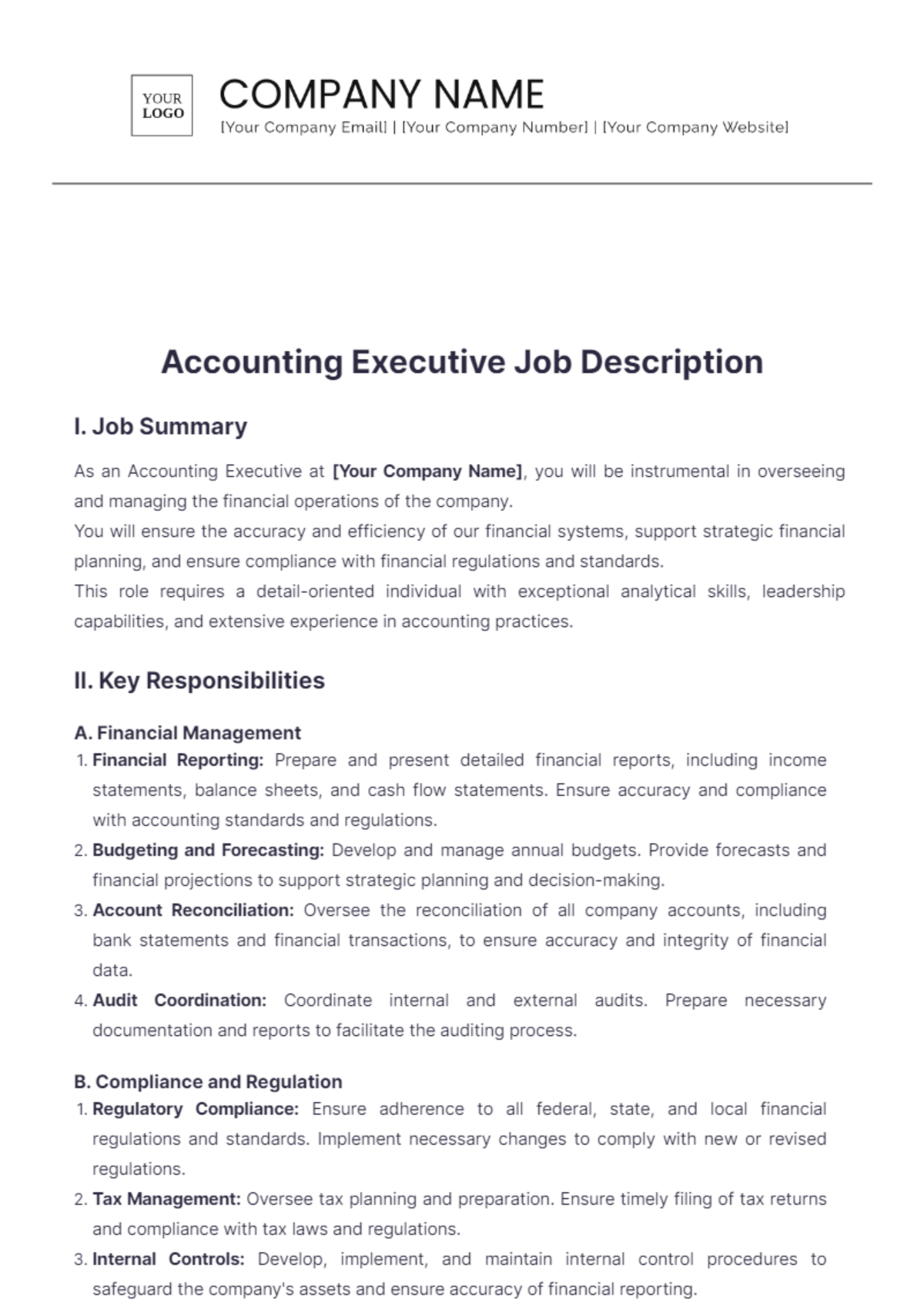 Accounting Executive Job Description Template - Edit Online & Download