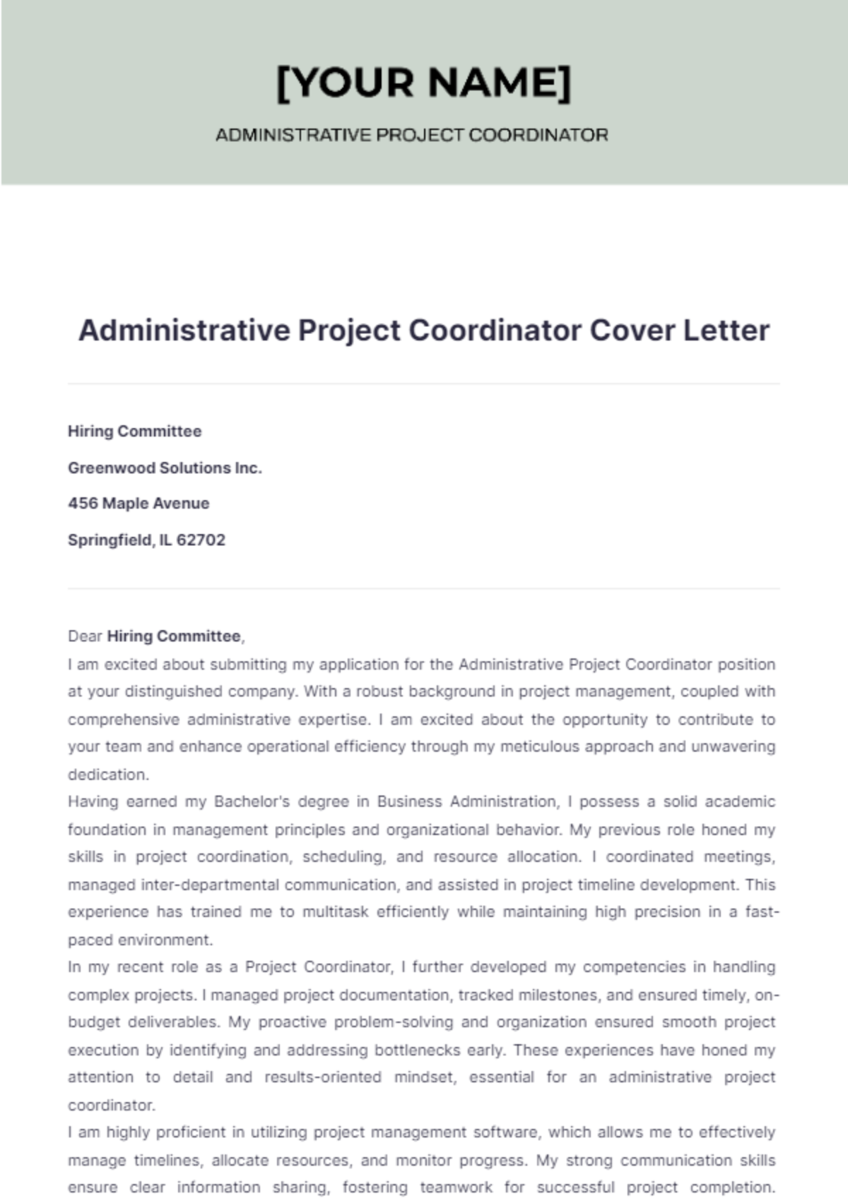 Administrative Project Coordinator Cover Letter - Edit Online & Download