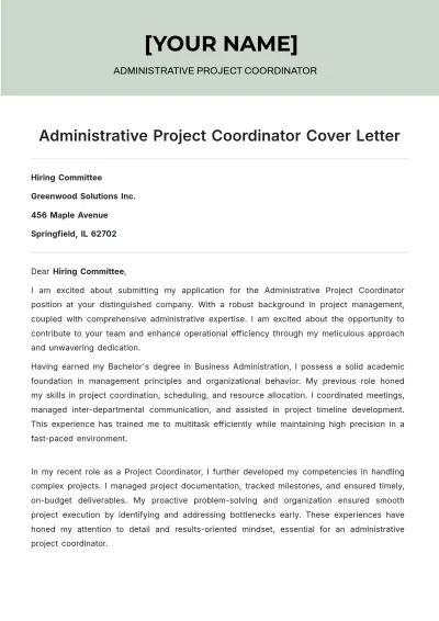 Free Administrative Project Coordinator Cover Letter to Edit Online