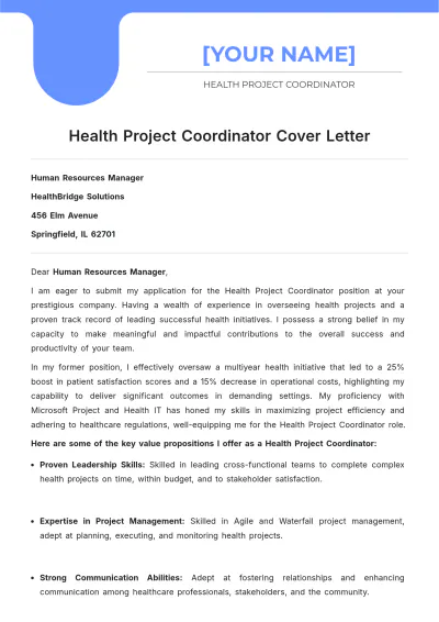 Free Health Project Coordinator Cover Letter to Edit Online