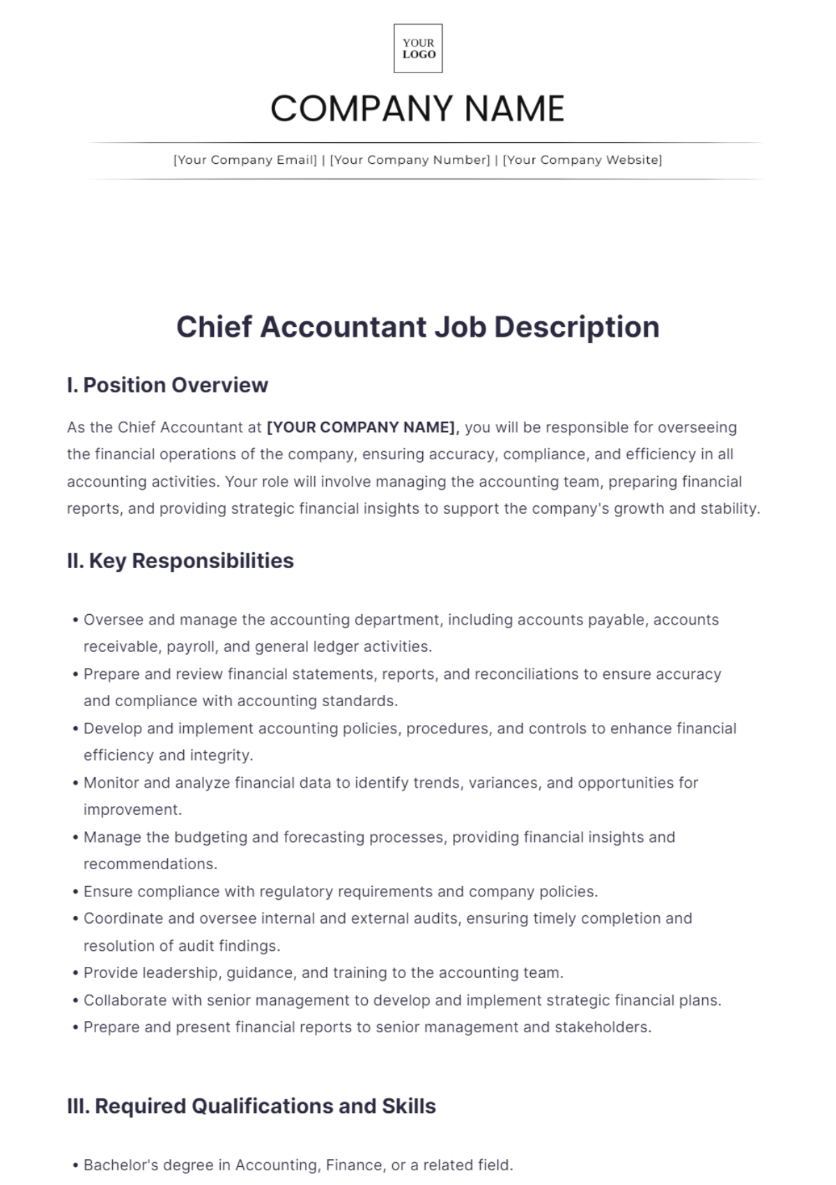 Chief Accountant Job Description Template - Edit Online & Download