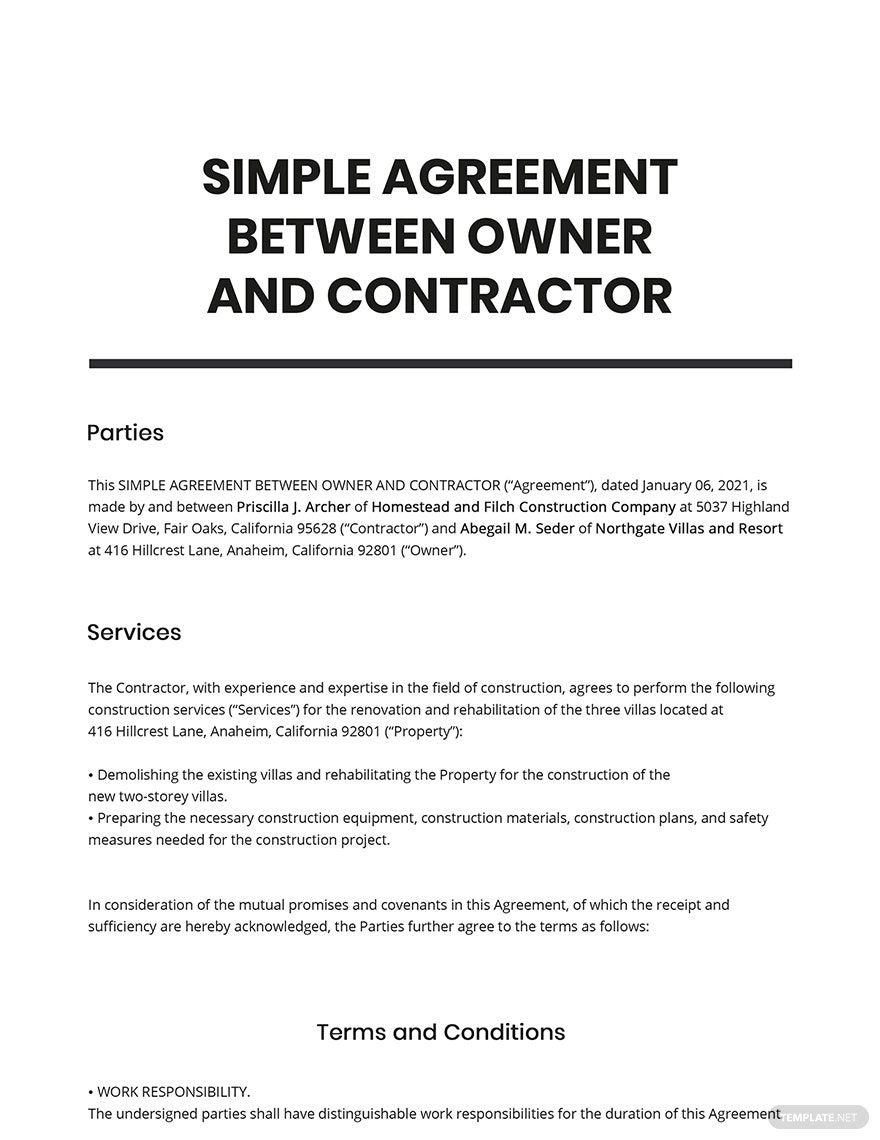 Simple Agreement Between Owner and Contractor Template