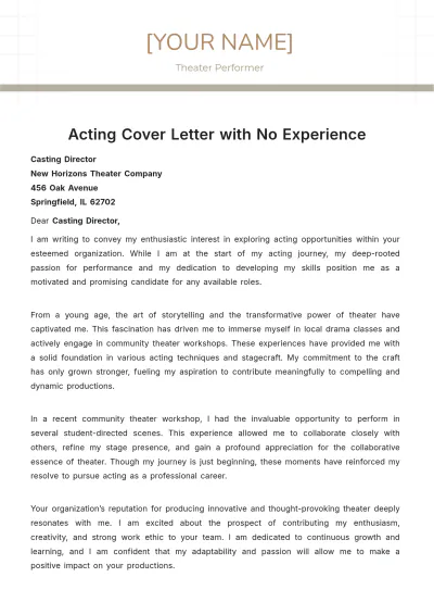 Free Acting Cover Letter with No Experience to Edit Online