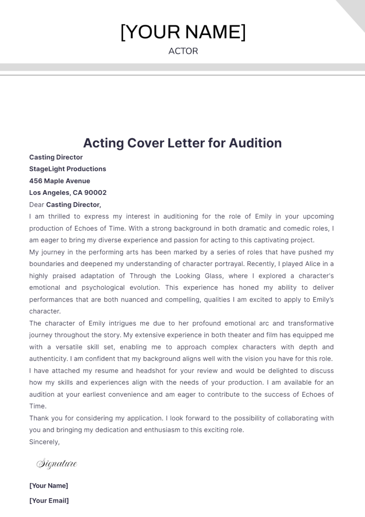 Acting Cover Letter for Audition - Edit Online & Download