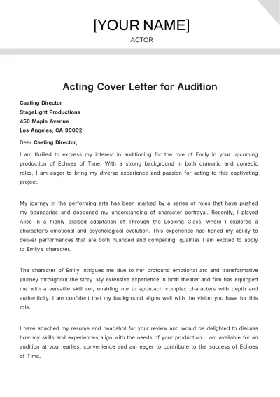 Free Acting Cover Letter for Audition to Edit Online