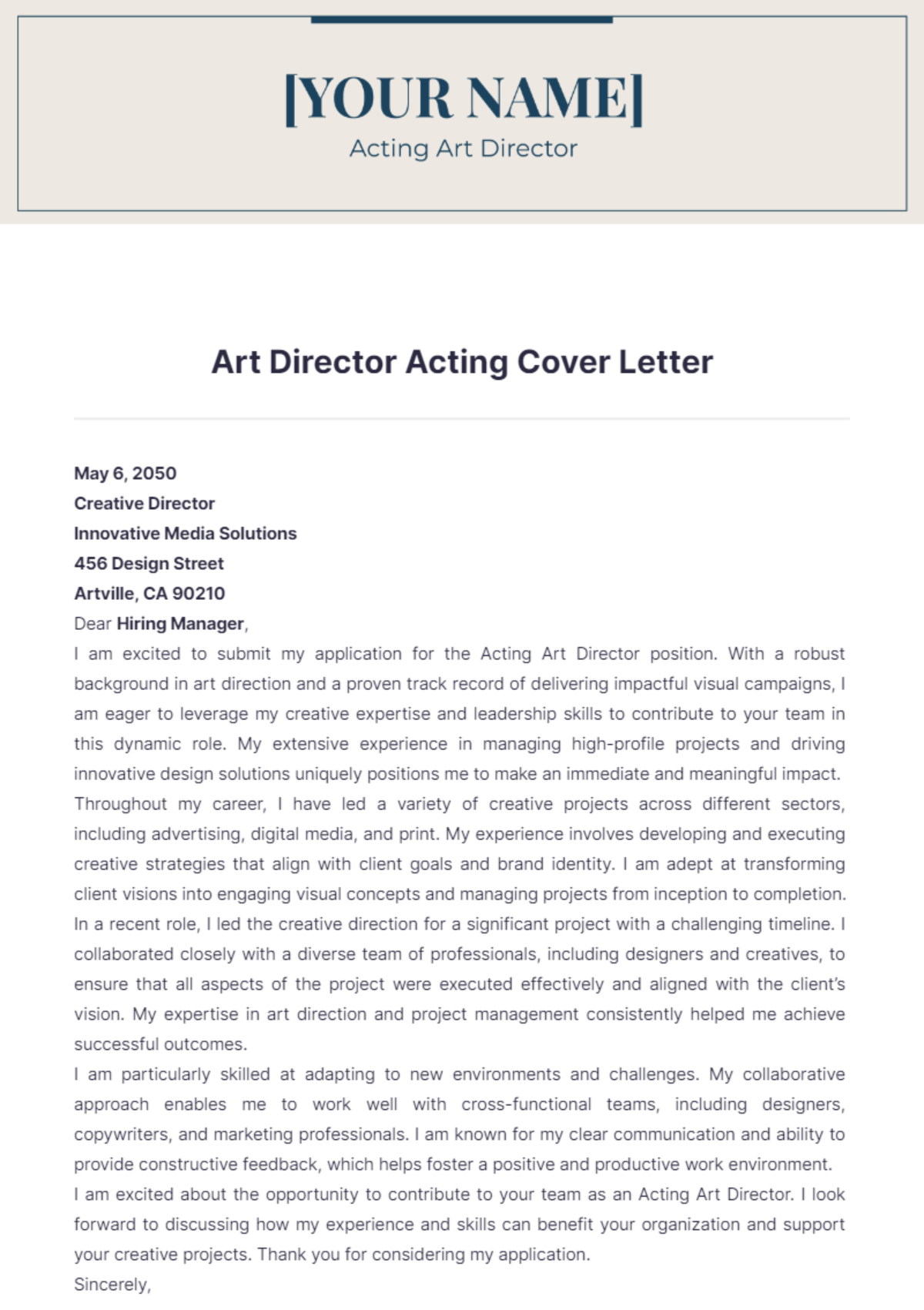 Art Director Acting Cover Letter - Edit Online & Download