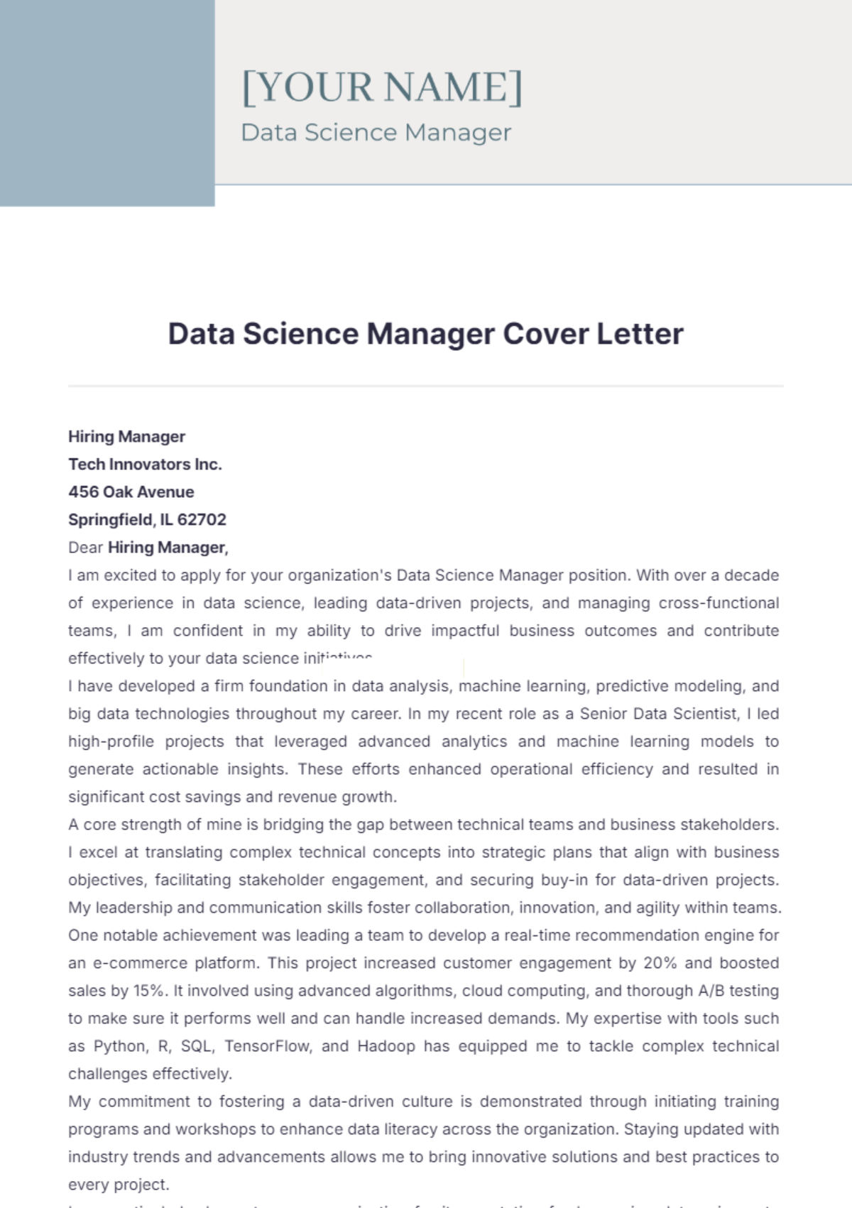 Data Science Manager Cover Letter - Edit Online & Download