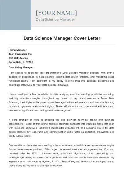 Free Data Science Manager Cover Letter to Edit Online