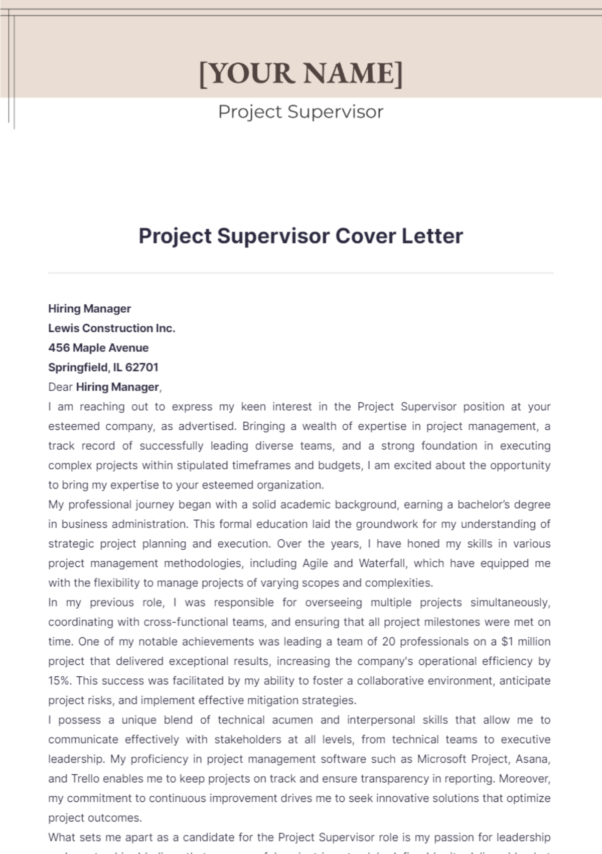 Project Supervisor Cover Letter - Edit Online & Download