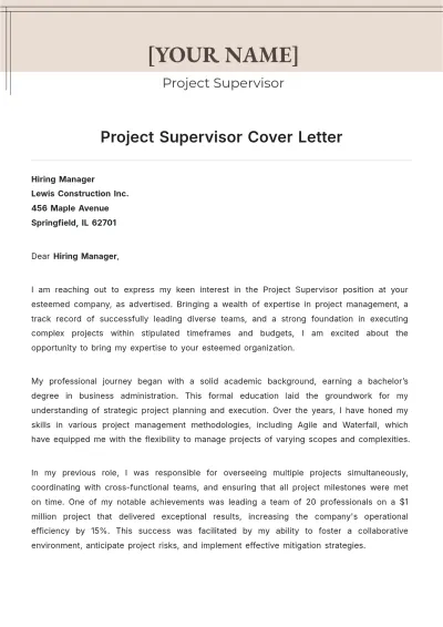 Free Project Supervisor Cover Letter to Edit Online