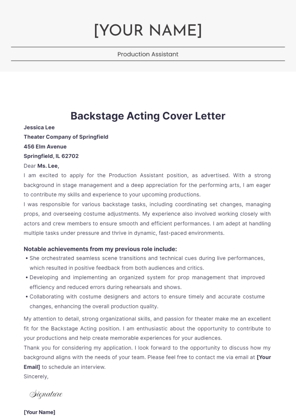 Backstage Acting Cover Letter - Edit Online & Download