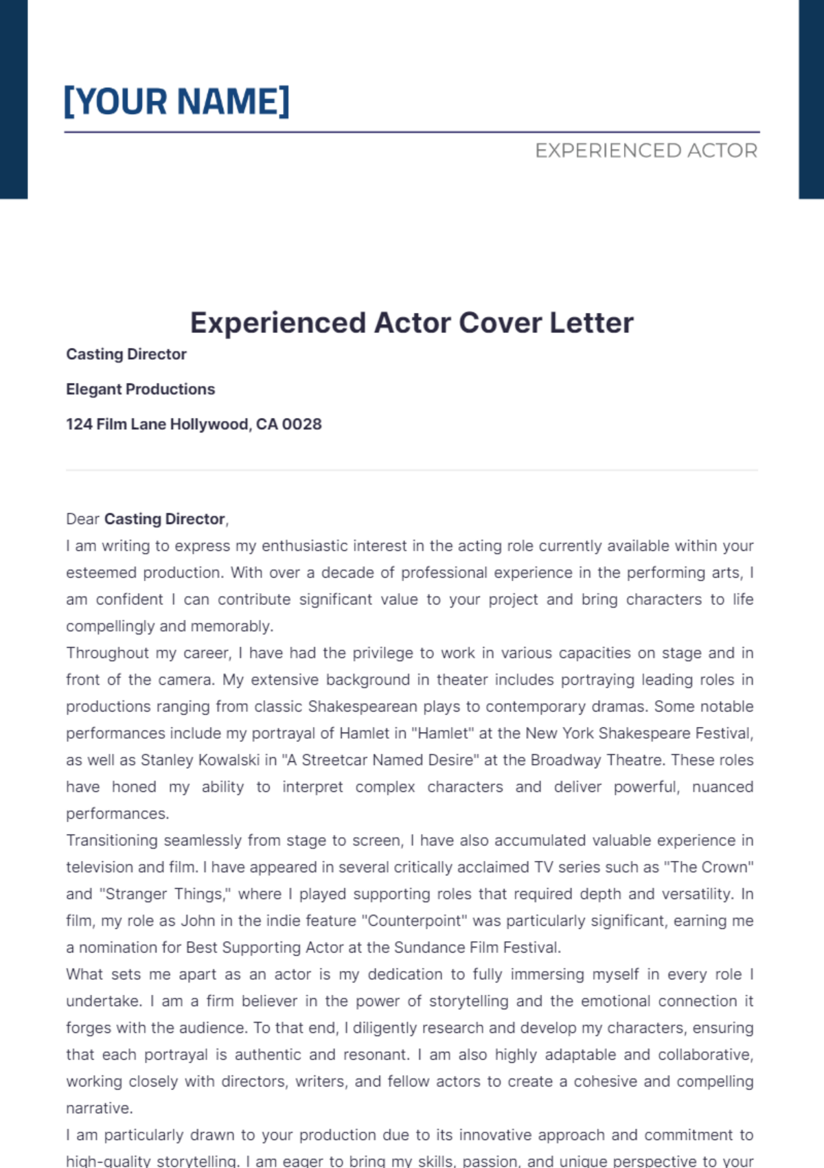 Experienced Actor Cover Letter - Edit Online & Download