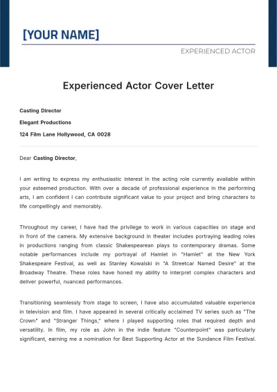 Free Experienced Actor Cover Letter to Edit Online