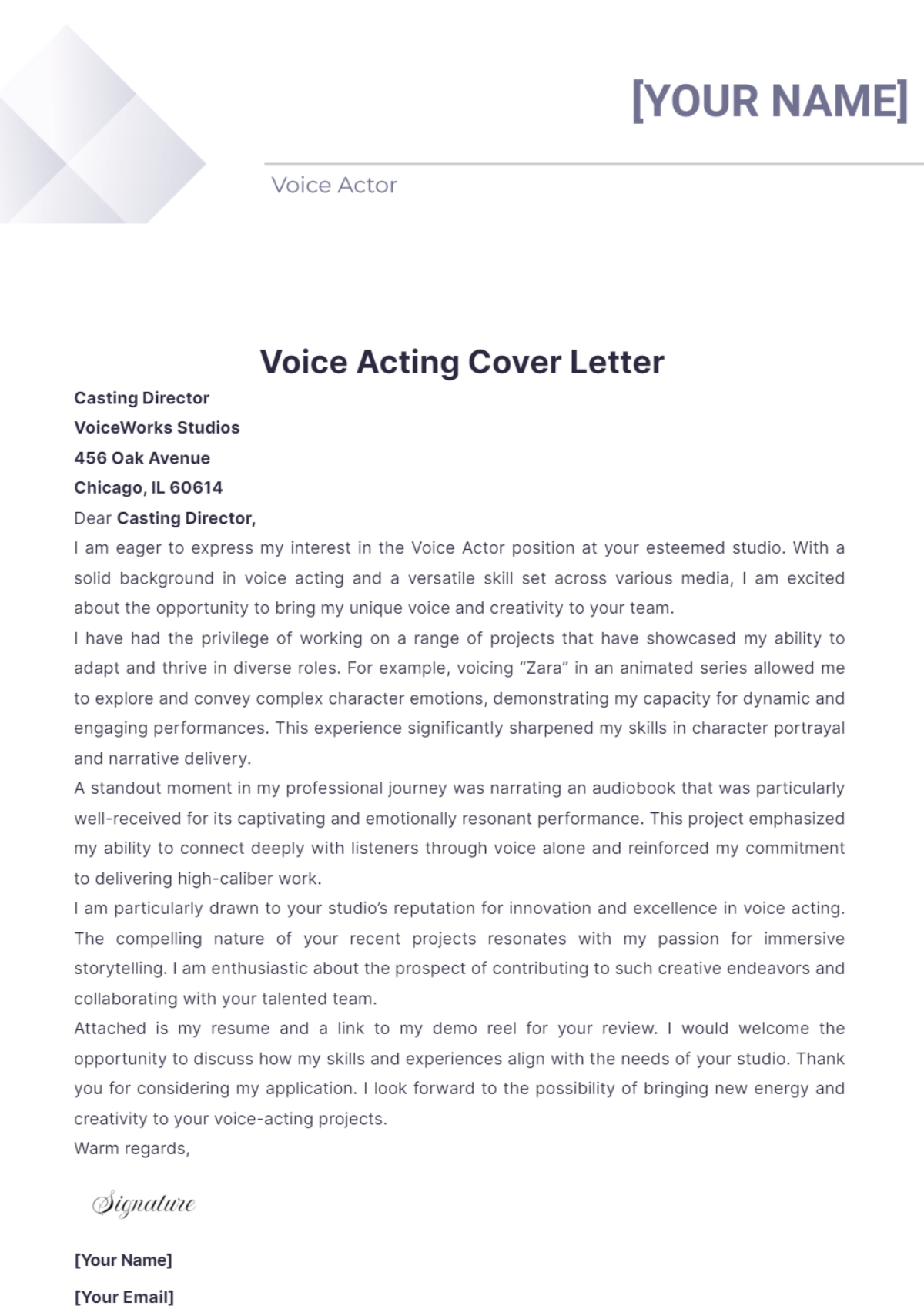 Voice Acting Cover Letter - Edit Online & Download