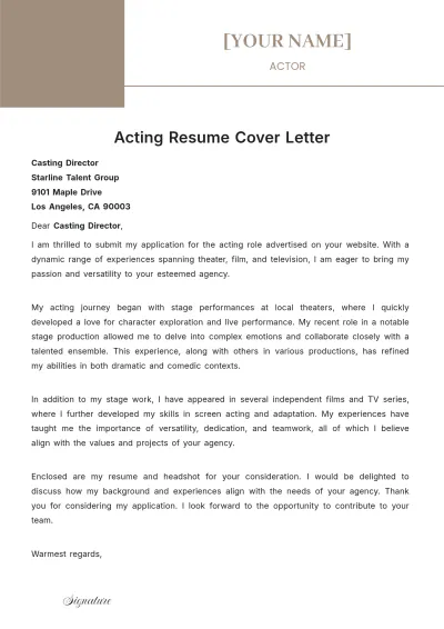 Free Acting Resume Cover Letter to Edit Online