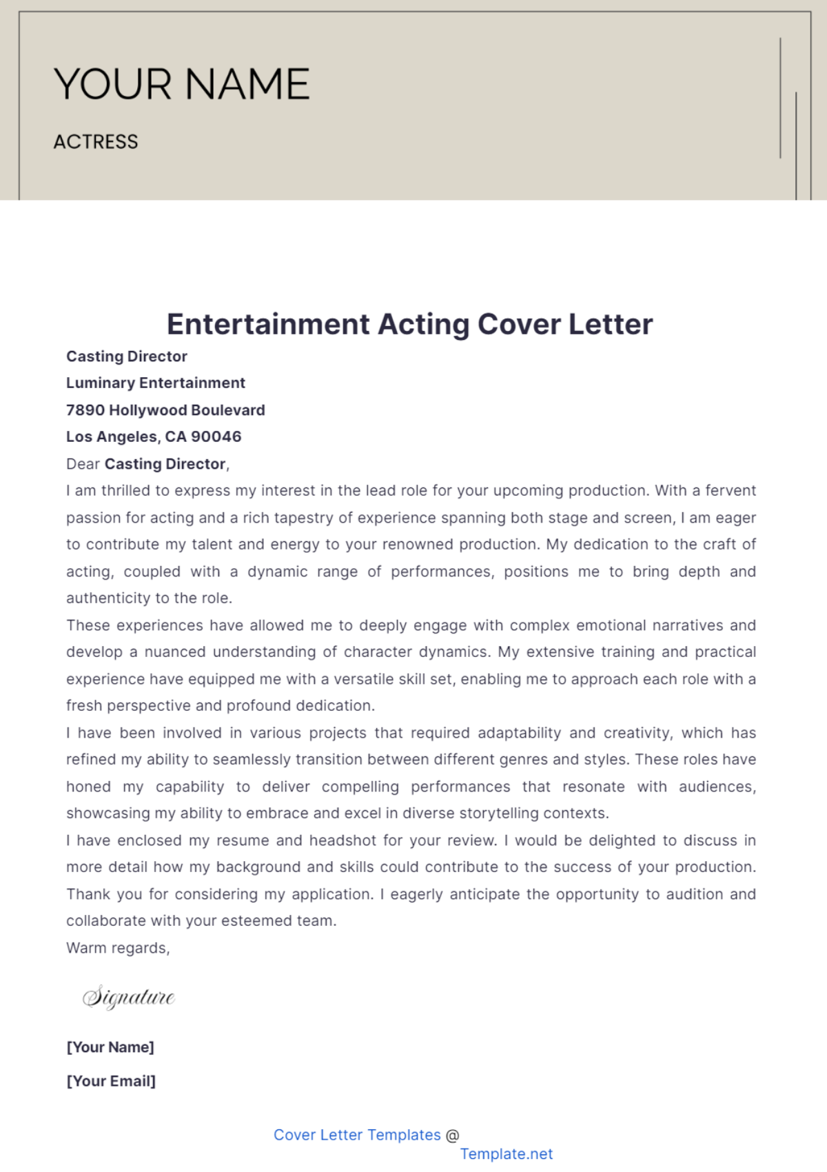 Entertainment Acting Cover Letter - Edit Online & Download