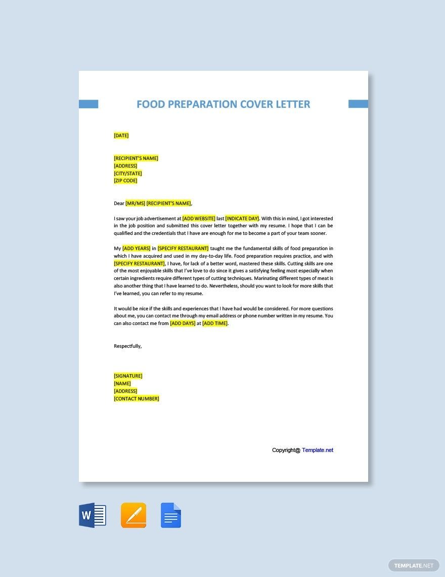 Food Preparation Cover Letter Template