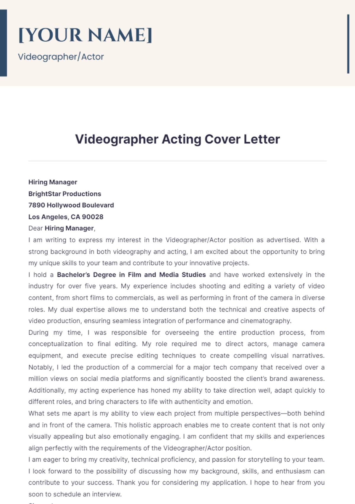 Videographer Acting Cover Letter - Edit Online & Download