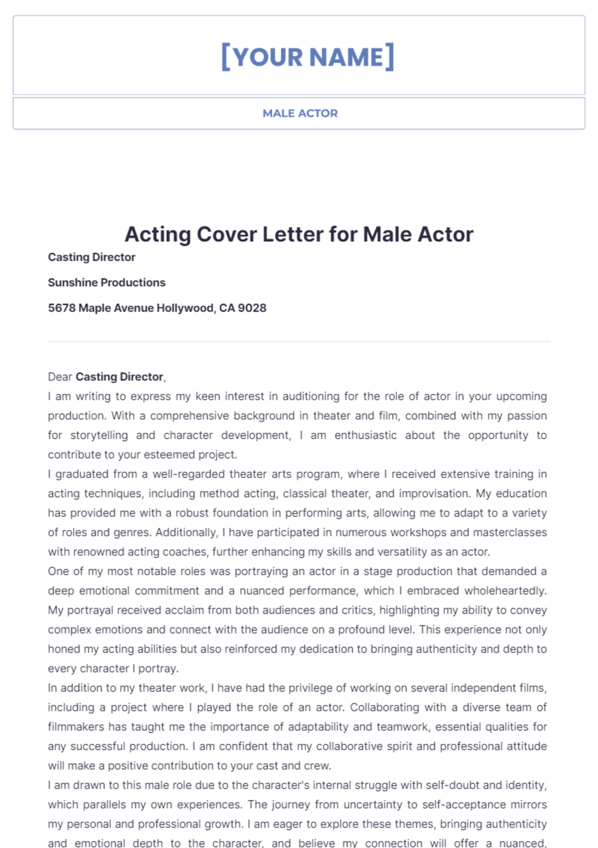 Acting Cover Letter for Male Actor - Edit Online & Download