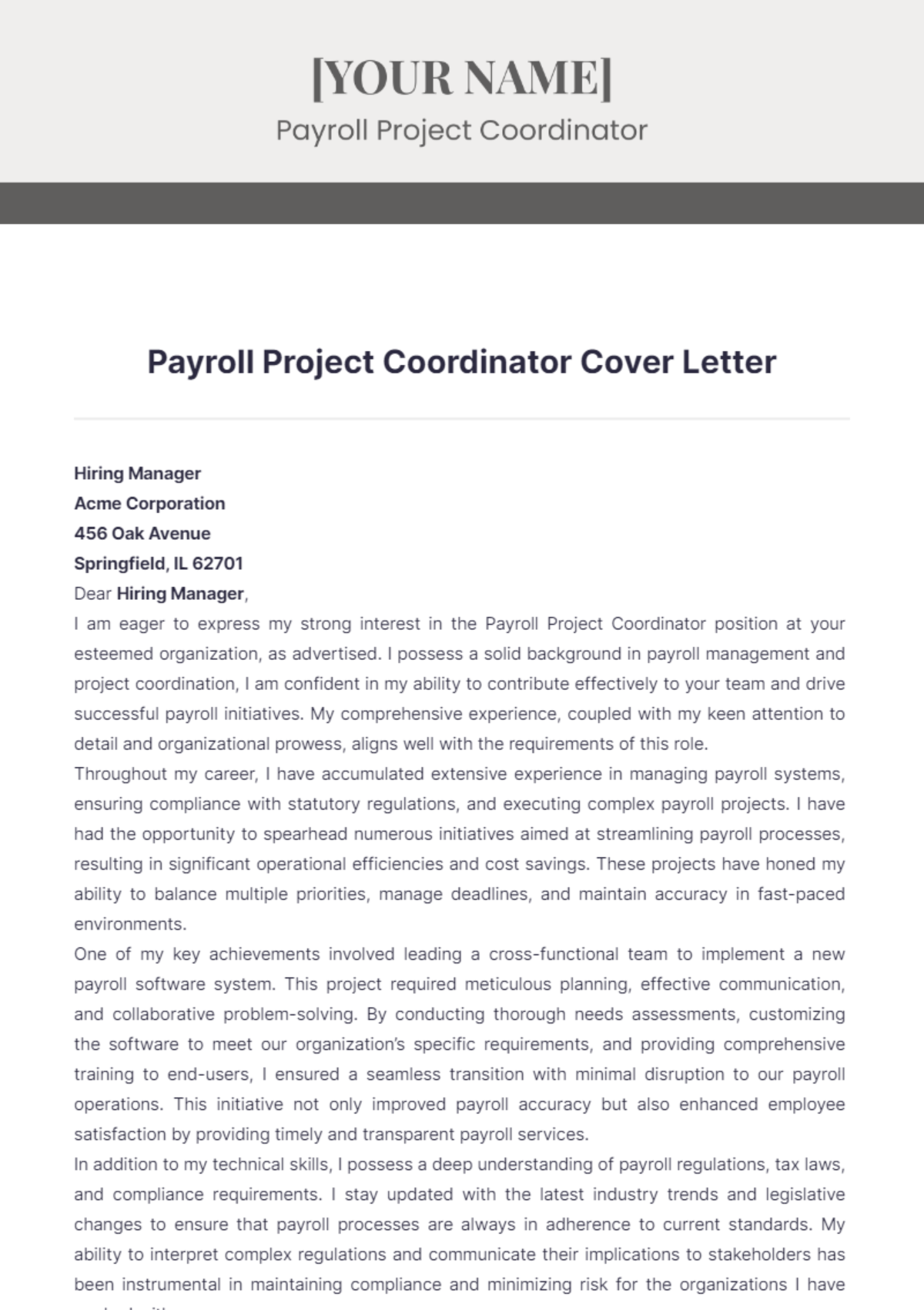 Payroll Project Coordinator Cover Letter - Edit Online & Download